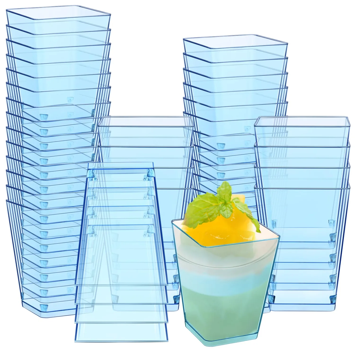 Mifoci 5 oz Plastic Dessert Cups Appetizer Cups for Parties Mini Square Disposable Dessert Bowls Clear Parfait Bowls for Pudding Fruit Yogurt Ice Cream Mousse(Blue,50 Pcs)