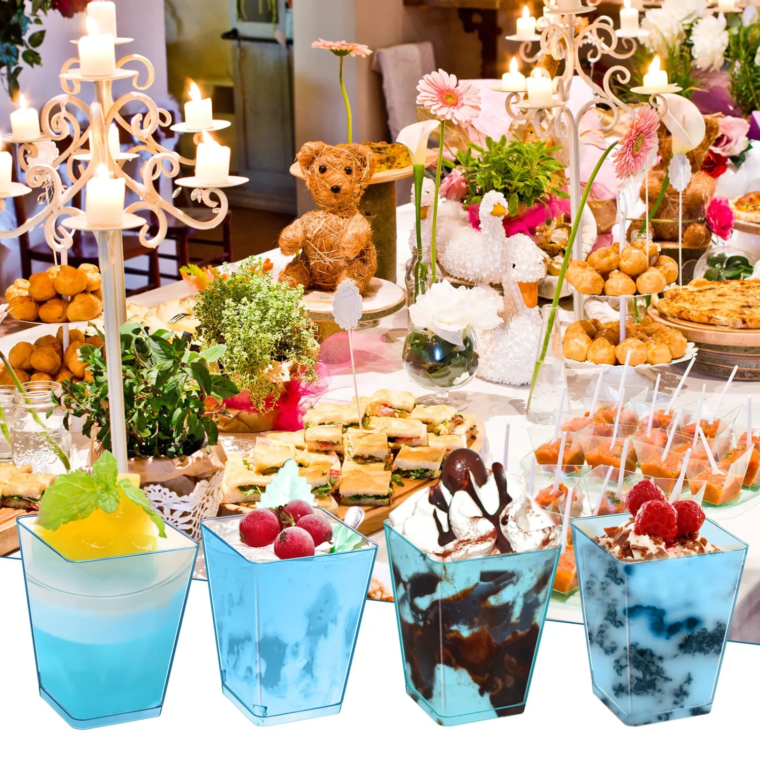 Mifoci 5 oz Plastic Dessert Cups Appetizer Cups for Parties Mini Square Disposable Dessert Bowls Clear Parfait Bowls for Pudding Fruit Yogurt Ice Cream Mousse(Blue,50 Pcs)