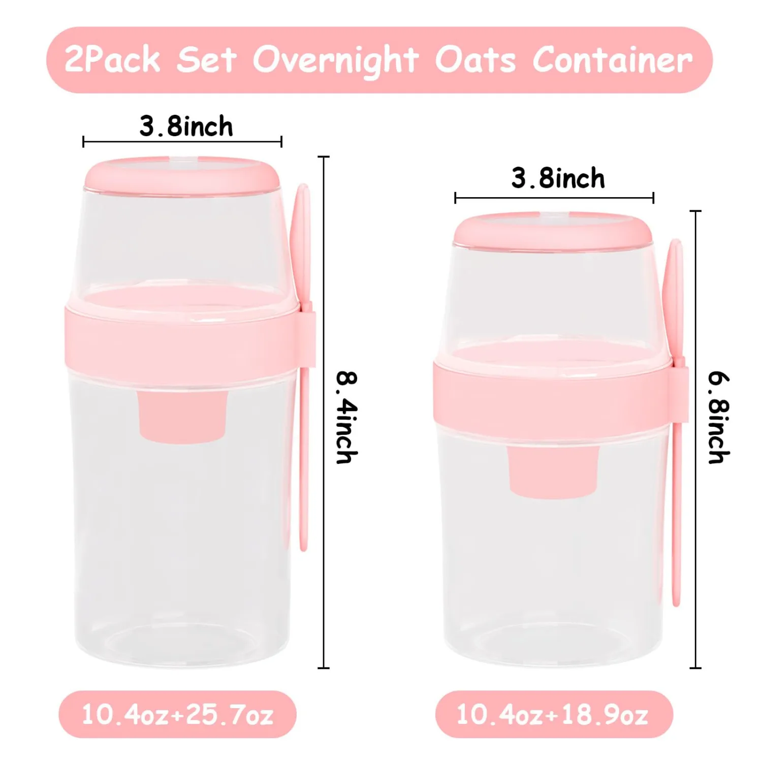 2 Pack Reusable Leak-Proof Overnight Oats Container with Dual-Layer Compartment, Built-in Dipping Box, with Spoon & Airtight Lids, Meal Prep Jar for Yogurt Parfait, Chia Pudding (Pink)