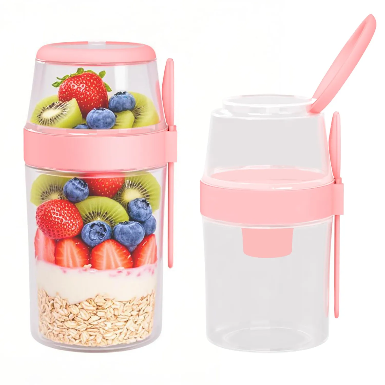 2 Pack Reusable Leak-Proof Overnight Oats Container with Dual-Layer Compartment, Built-in Dipping Box, with Spoon & Airtight Lids, Meal Prep Jar for Yogurt Parfait, Chia Pudding (Pink)