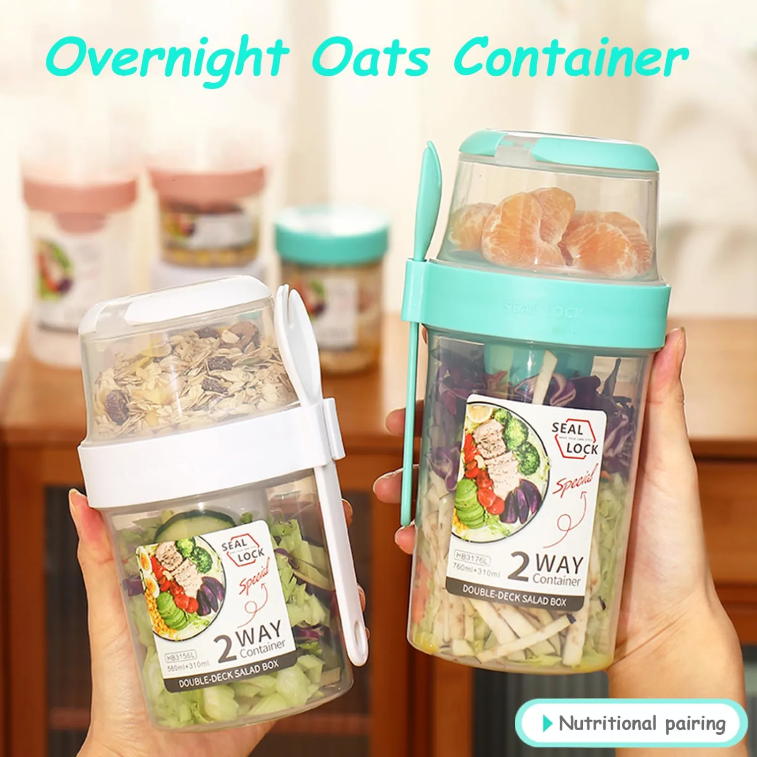 2 Pack Reusable Leak-Proof Overnight Oats Container with Dual-Layer Compartment, Built-in Dipping Box, with Spoon & Airtight Lids, Meal Prep Jar for Yogurt Parfait, Chia Pudding (Pink)