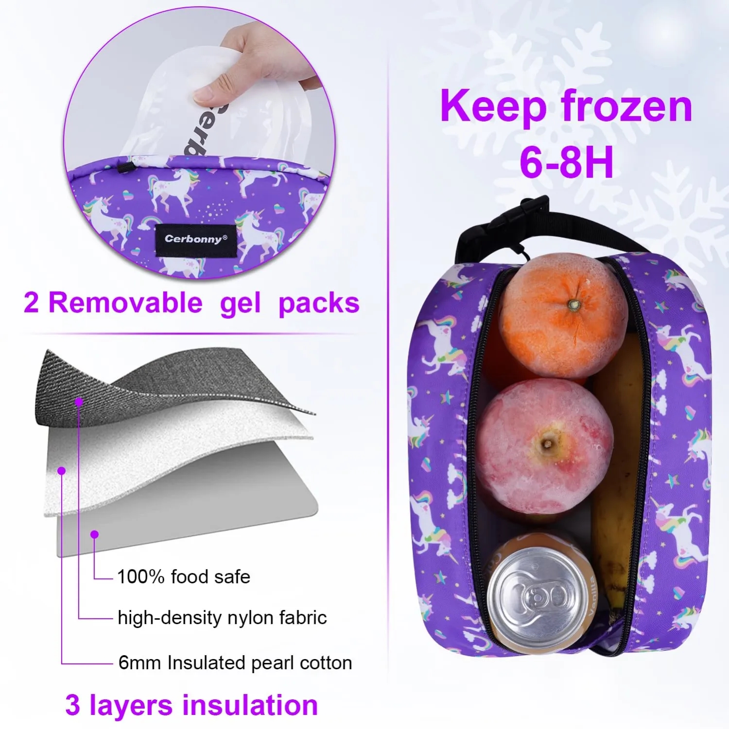 Cerbonny Small Freezable Cooler Bag for Work, School, Travel - Insulated Lunch Bag for Kids/Adults, Mini Size Fits Yogurt - Suitable for 3+ (Purple Unicorn)