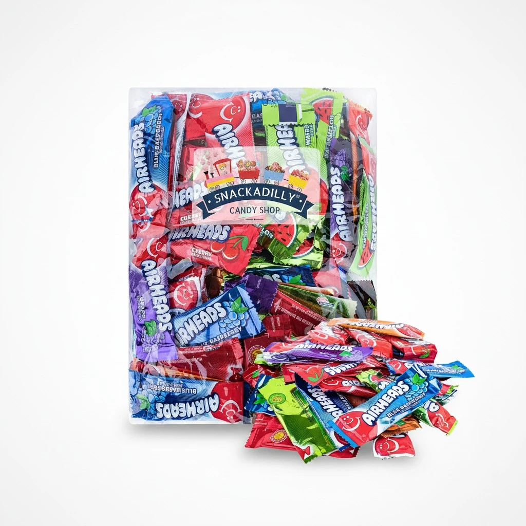 Airheadz Mini Bars Assortment - 2 Lbs Of Cherry, Orange, Lime, Blue Raspberry, & White Mystery Flavors Freshly Packaged By Snackadilly