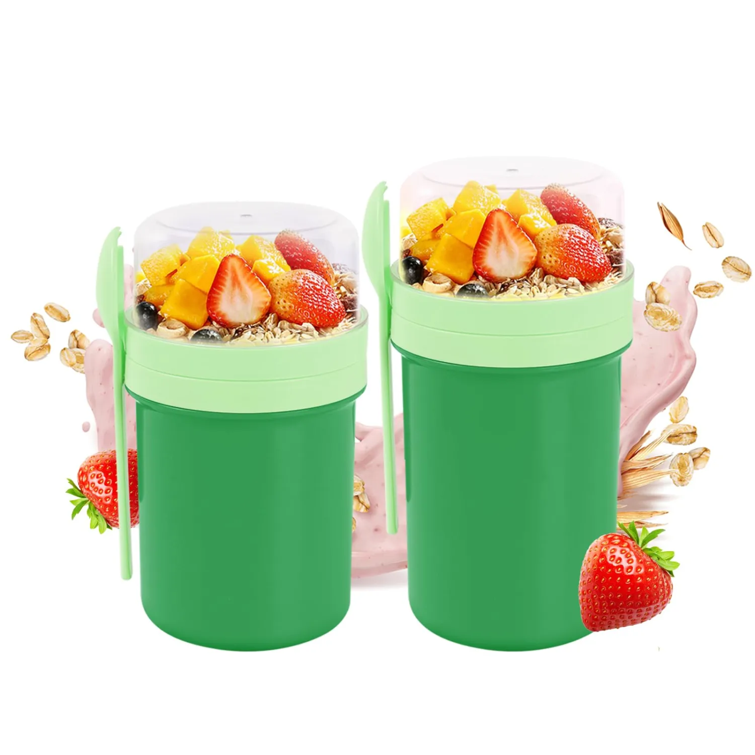 2 Pack Overnight Oats Containers with Lids,21 & 25oz On the Go Yogurt Parfait Cup,Overnight Oats Jars,Reusable Cereal Yogurt Cup and Divided Compartment for Fruit Nuts (Green,S+M)