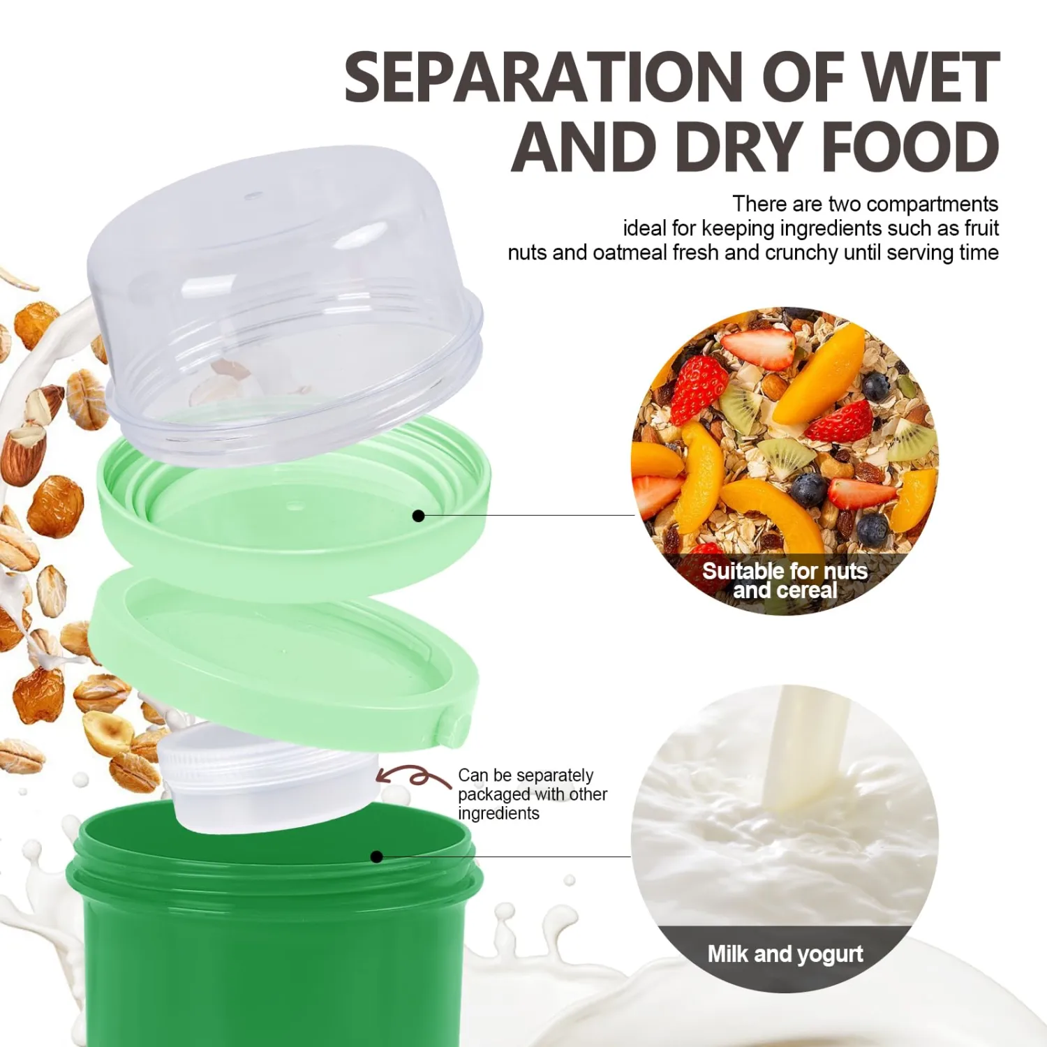 2 Pack Overnight Oats Containers with Lids,21 & 25oz On the Go Yogurt Parfait Cup,Overnight Oats Jars,Reusable Cereal Yogurt Cup and Divided Compartment for Fruit Nuts (Green,S+M)