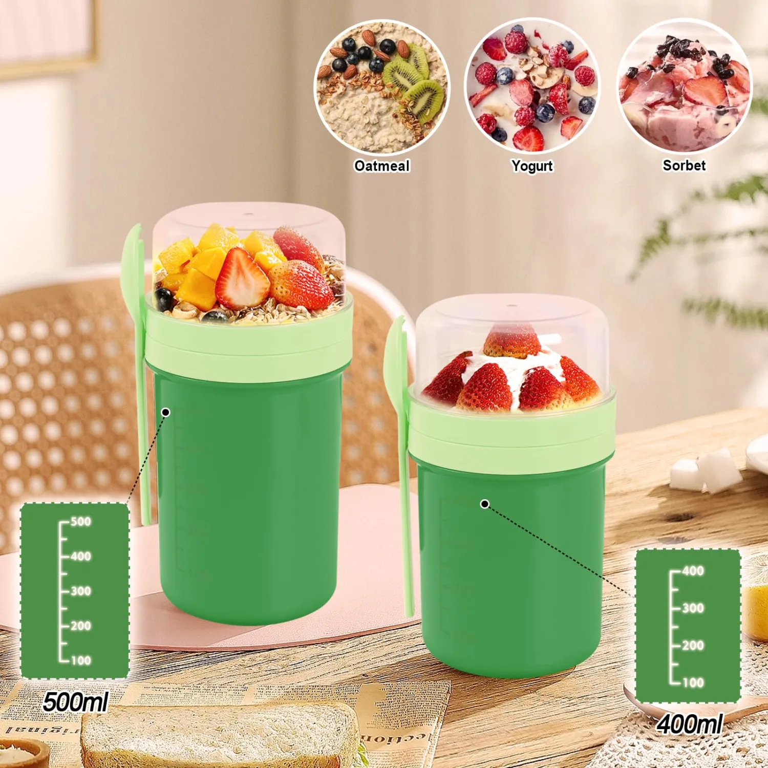 2 Pack Overnight Oats Containers with Lids,21 & 25oz On the Go Yogurt Parfait Cup,Overnight Oats Jars,Reusable Cereal Yogurt Cup and Divided Compartment for Fruit Nuts (Green,S+M)