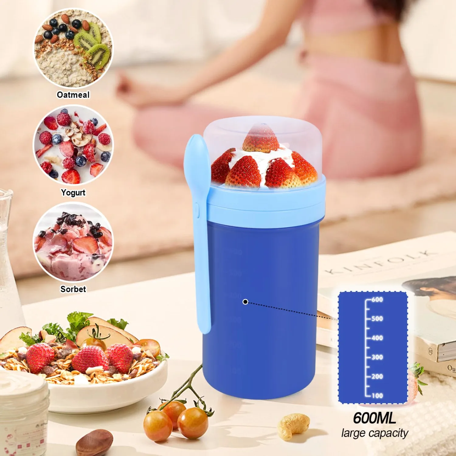 Overnight Oats Containers with Lids,28 oz On the Go Yogurt Parfait Snack Cup, Overnight Oats Jars,Reusable Cereal Yogurt Cup and Divided Compartment for Fruit & Nuts (Blue, L)