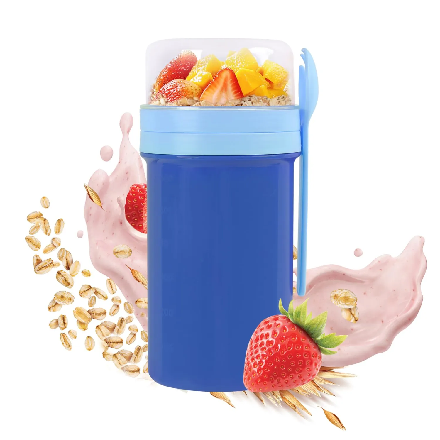 Overnight Oats Containers with Lids,28 oz On the Go Yogurt Parfait Snack Cup, Overnight Oats Jars,Reusable Cereal Yogurt Cup and Divided Compartment for Fruit & Nuts (Blue, L)