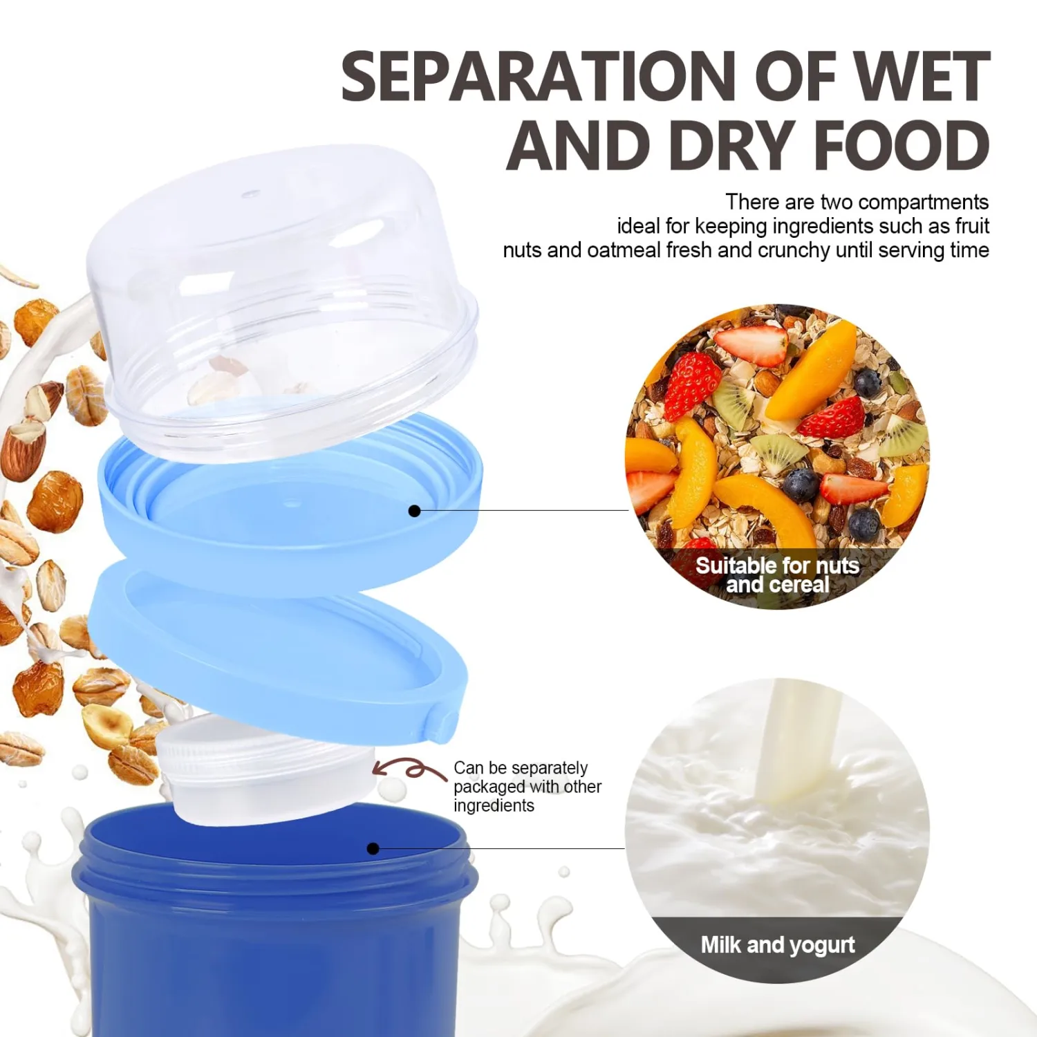 Overnight Oats Containers with Lids,28 oz On the Go Yogurt Parfait Snack Cup, Overnight Oats Jars,Reusable Cereal Yogurt Cup and Divided Compartment for Fruit & Nuts (Blue, L)