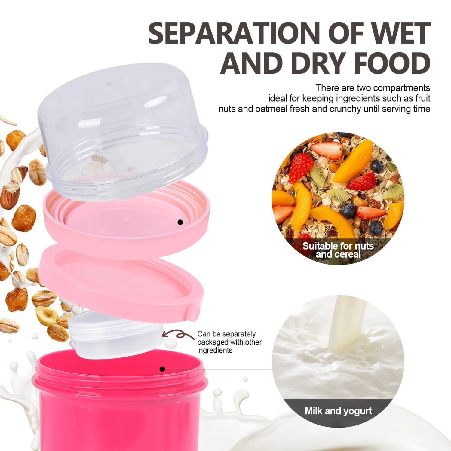 Overnight Oats Containers with Lids, 28 oz On the Go Yogurt Parfait Snack Cup, Overnight Oats Jars,Reusable Cereal Yogurt Cup and Divided Compartment for Fruit & Nuts (Pink, L)