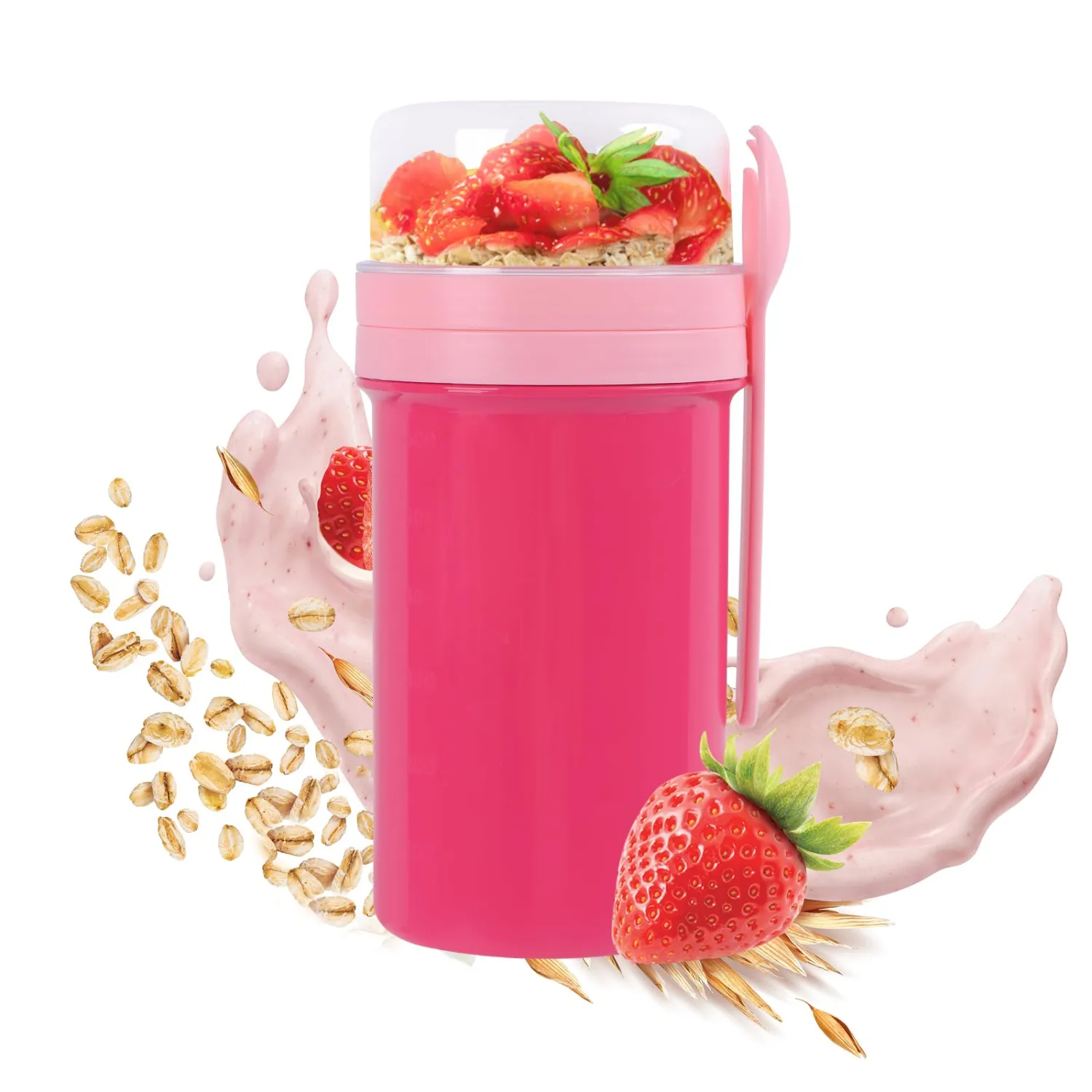Overnight Oats Containers with Lids, 28 oz On the Go Yogurt Parfait Snack Cup, Overnight Oats Jars,Reusable Cereal Yogurt Cup and Divided Compartment for Fruit & Nuts (Pink, L)