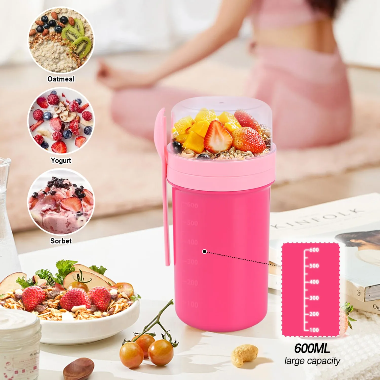 Overnight Oats Containers with Lids, 28 oz On the Go Yogurt Parfait Snack Cup, Overnight Oats Jars,Reusable Cereal Yogurt Cup and Divided Compartment for Fruit & Nuts (Pink, L)