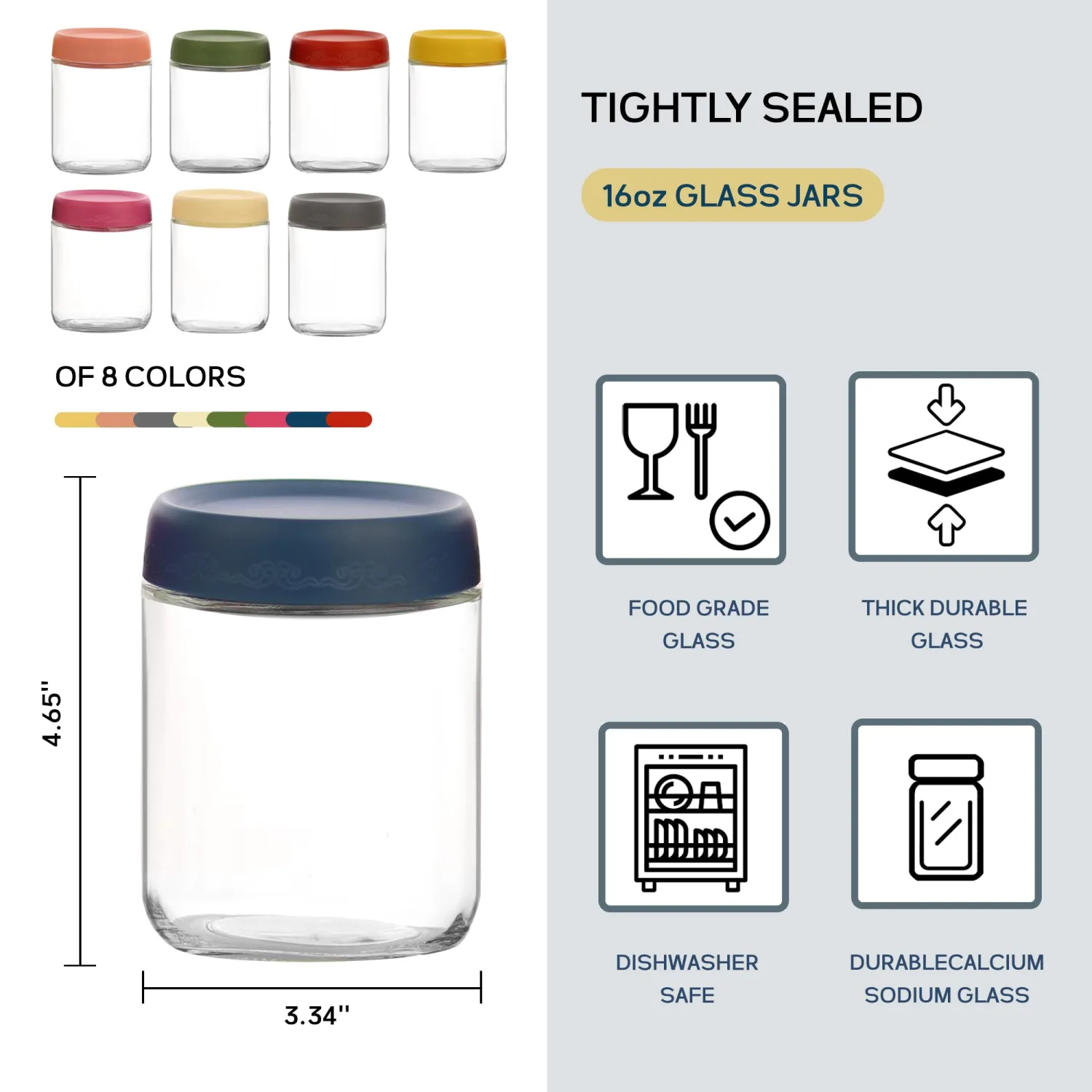 16 OZ Glass Food Jar Storage Containers with Airtight Lids, Reusable Wide Mouth Overnight Oats Glass Mason Jars for Snacks Yogurt Pudding(Multicolor 8pack)