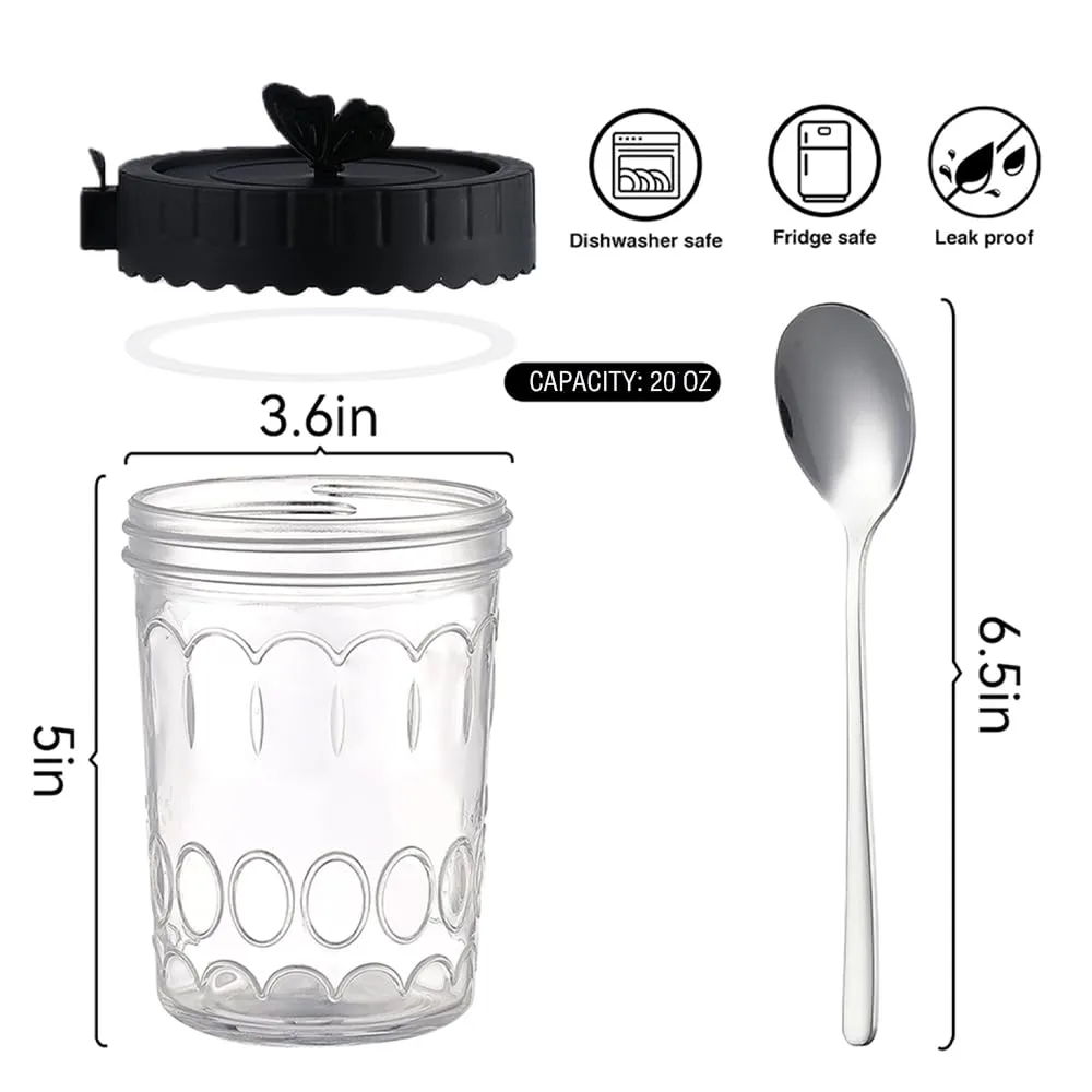 Glass food Jars with Lids and Spoons, 4 Pack Overnight Oat Jars with Airtight Lid, 100% Leak Proof yogurt Containers, Glass jars for BreakfastyogurtCerealSnackSoupParfait - Black