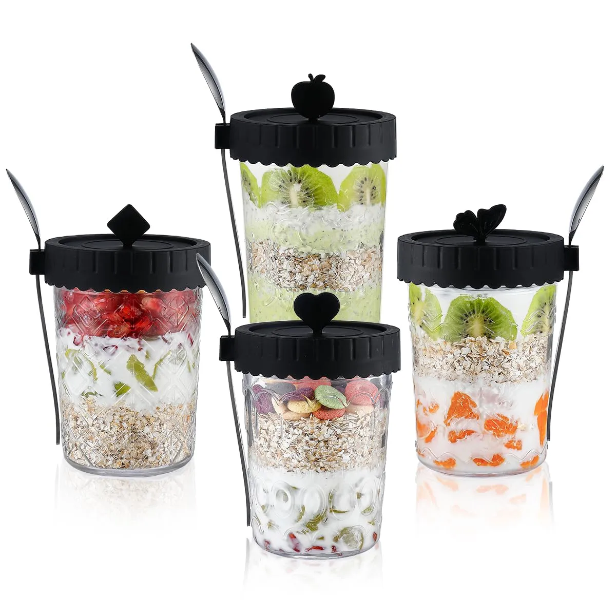 Glass food Jars with Lids and Spoons, 4 Pack Overnight Oat Jars with Airtight Lid, 100% Leak Proof yogurt Containers, Glass jars for BreakfastyogurtCerealSnackSoupParfait - Black