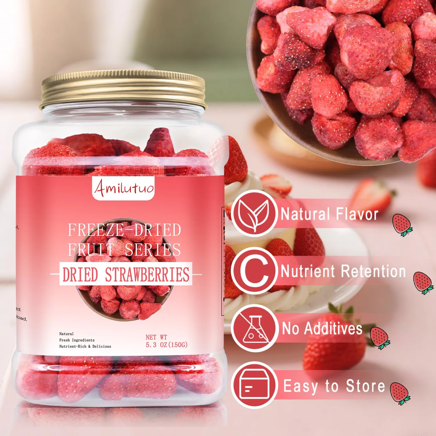 Freeze Dried Strawberries, 3.52OZ/100g Whole Freeze Dried Fruit, Whole Dehydrated Strawberry for Milk, Milkshakes, Breakfast, Cereal Bowls Salad, Ice Cream, Freeze Dried Snacks