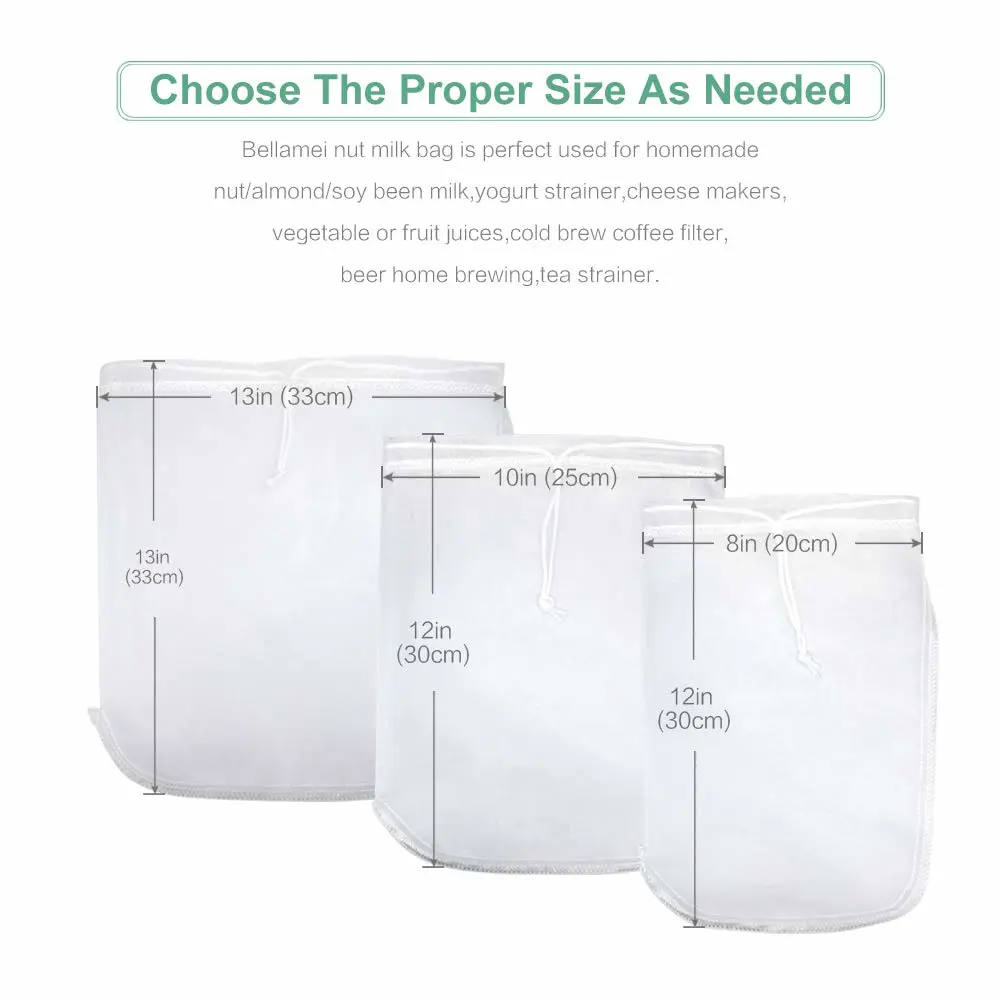 Nut Milk Bag Reusable 3 Pack Food Strainer Nut Bags for Straining Almond/Soy Milk Greek Yogurt Professional for Cold Brew Coffee Tea Beer Celery Juice Fine Nylon Mesh(8"x12"/10"x12"/13"x13")