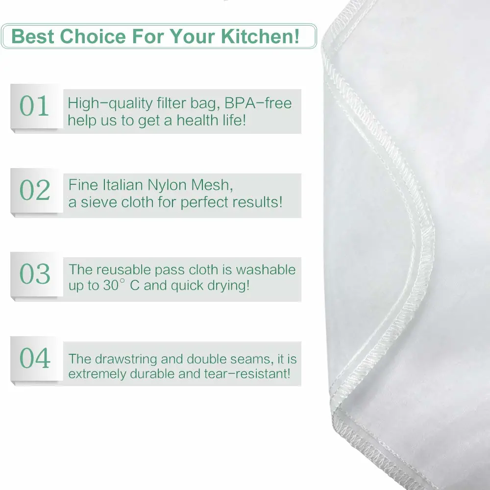 Nut Milk Bag Reusable 3 Pack Food Strainer Nut Bags for Straining Almond/Soy Milk Greek Yogurt Professional for Cold Brew Coffee Tea Beer Celery Juice Fine Nylon Mesh(8"x12"/10"x12"/13"x13")