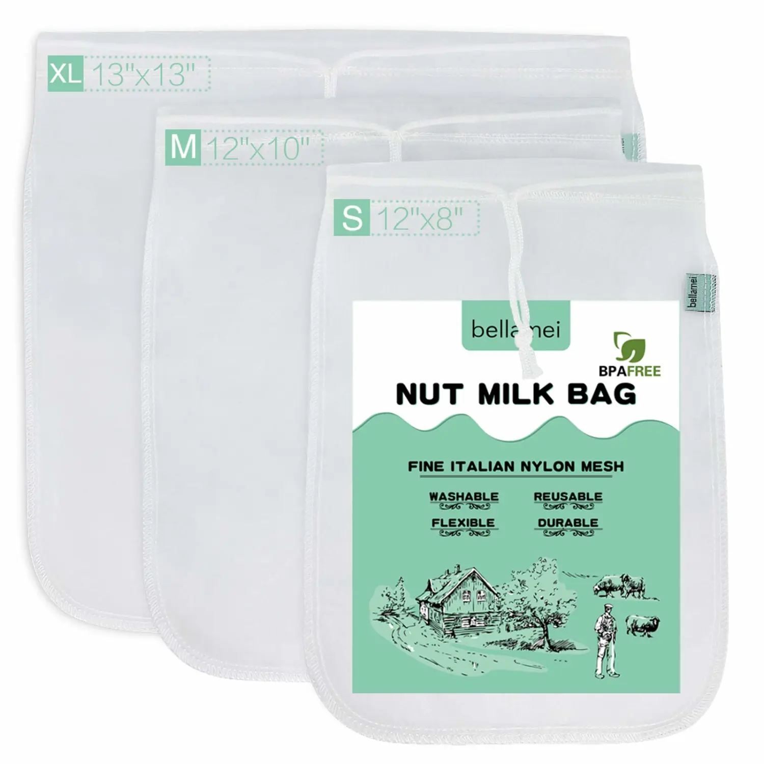Nut Milk Bag Reusable 3 Pack Food Strainer Nut Bags for Straining Almond/Soy Milk Greek Yogurt Professional for Cold Brew Coffee Tea Beer Celery Juice Fine Nylon Mesh(8"x12"/10"x12"/13"x13")