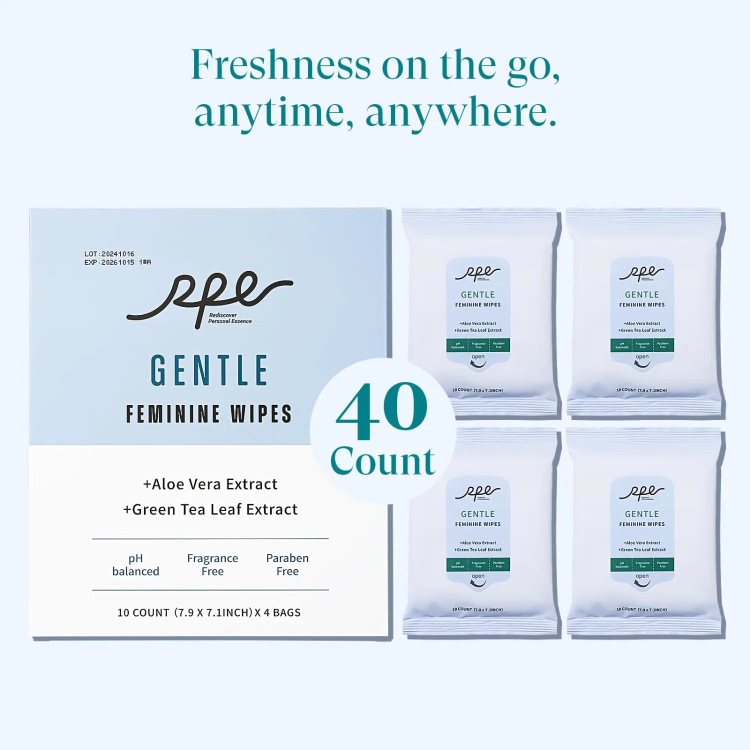 Large Feminine Wipes for Women, pH Balanced Soft Gentle Soothing Unscented Flushable Personal Hygiene Wipes for Intimate Period Care Portable to Go Sensitive Sanitary Wipes Travel (10ct, Pack of 4)