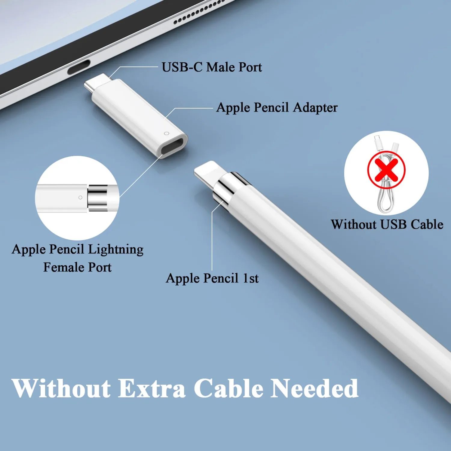 Pencil Adapter for Apple Pencil 1st Generation iPad 10th Generation iPad A16 11th Gen 2025 Bluetooth Pairing Charging Connector USB Type-C to for Lightning Charging Adapter for Apple Pen 1st