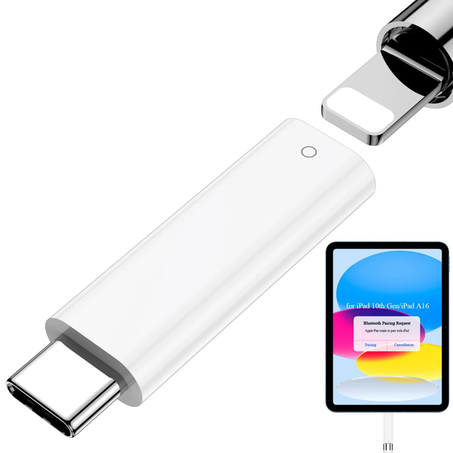 Pencil Adapter for Apple Pencil 1st Generation iPad 10th Generation iPad A16 11th Gen 2025 Bluetooth Pairing Charging Connector USB Type-C to for Lightning Charging Adapter for Apple Pen 1st
