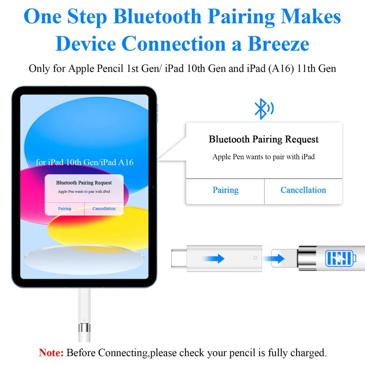 Pencil Adapter for Apple Pencil 1st Generation iPad 10th Generation iPad A16 11th Gen 2025 Bluetooth Pairing Charging Connector USB Type-C to for Lightning Charging Adapter for Apple Pen 1st