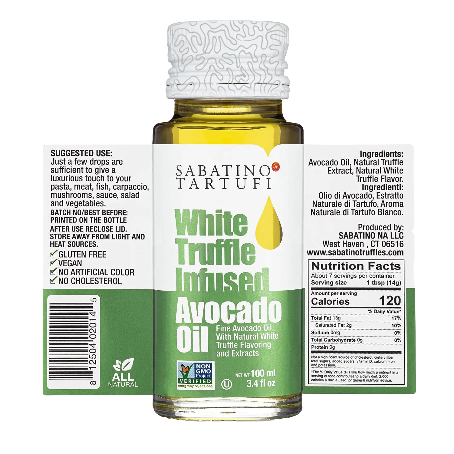 Sabatino Tartufi, White Truffle Avocado Oil, The Worlds First White Truffle Infused Avocado Oil, Gourmet Truffle Oil Made With White Truffles, Vegan, Keto, Gluten Free, Kosher, All Natural, 3.4oz