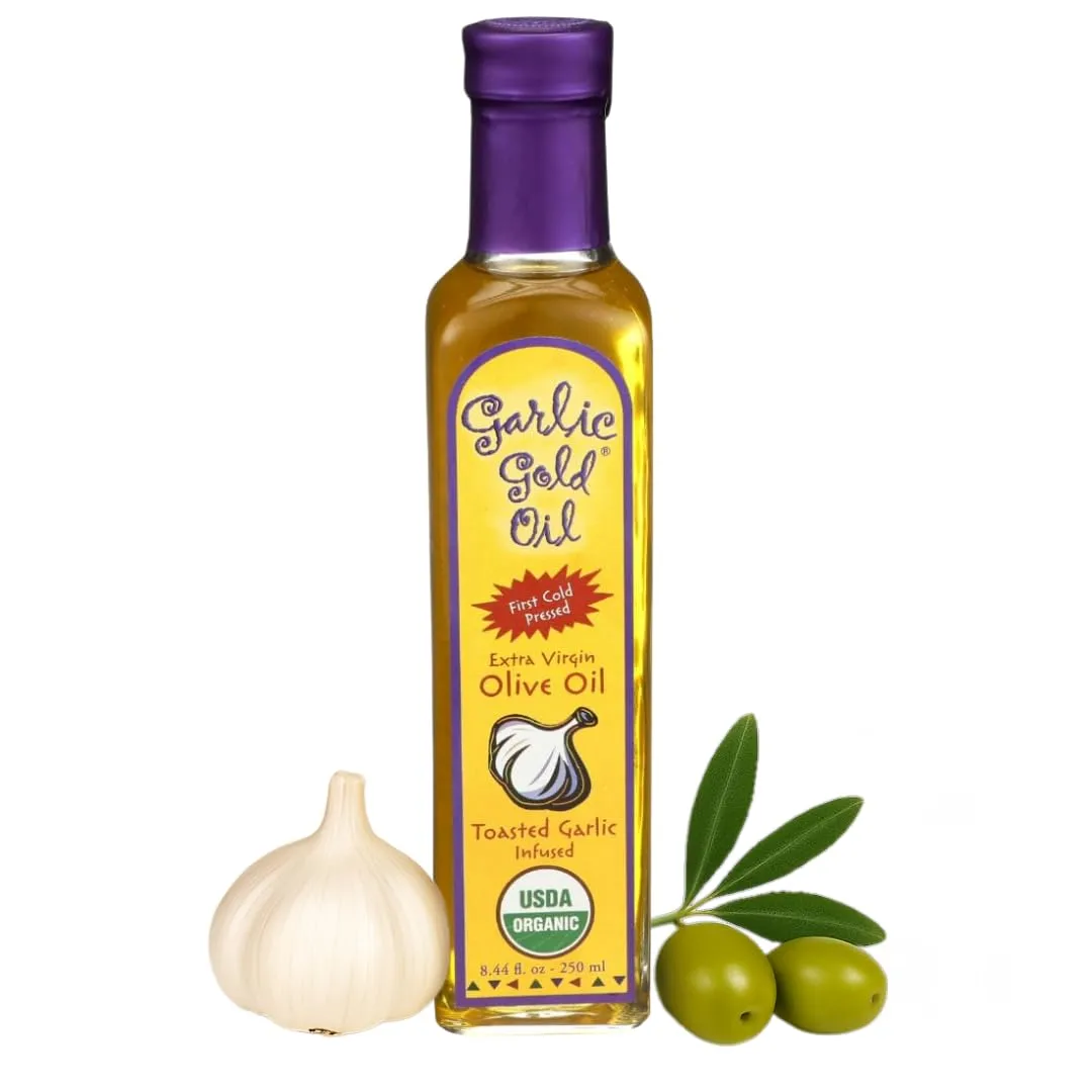 Garlic Gold Extra Virgin Olive Oil Infused with Garlic, Premium Certified USDA Organic, Low FODMAP, Cold Pressed (8.44 Fl Oz)