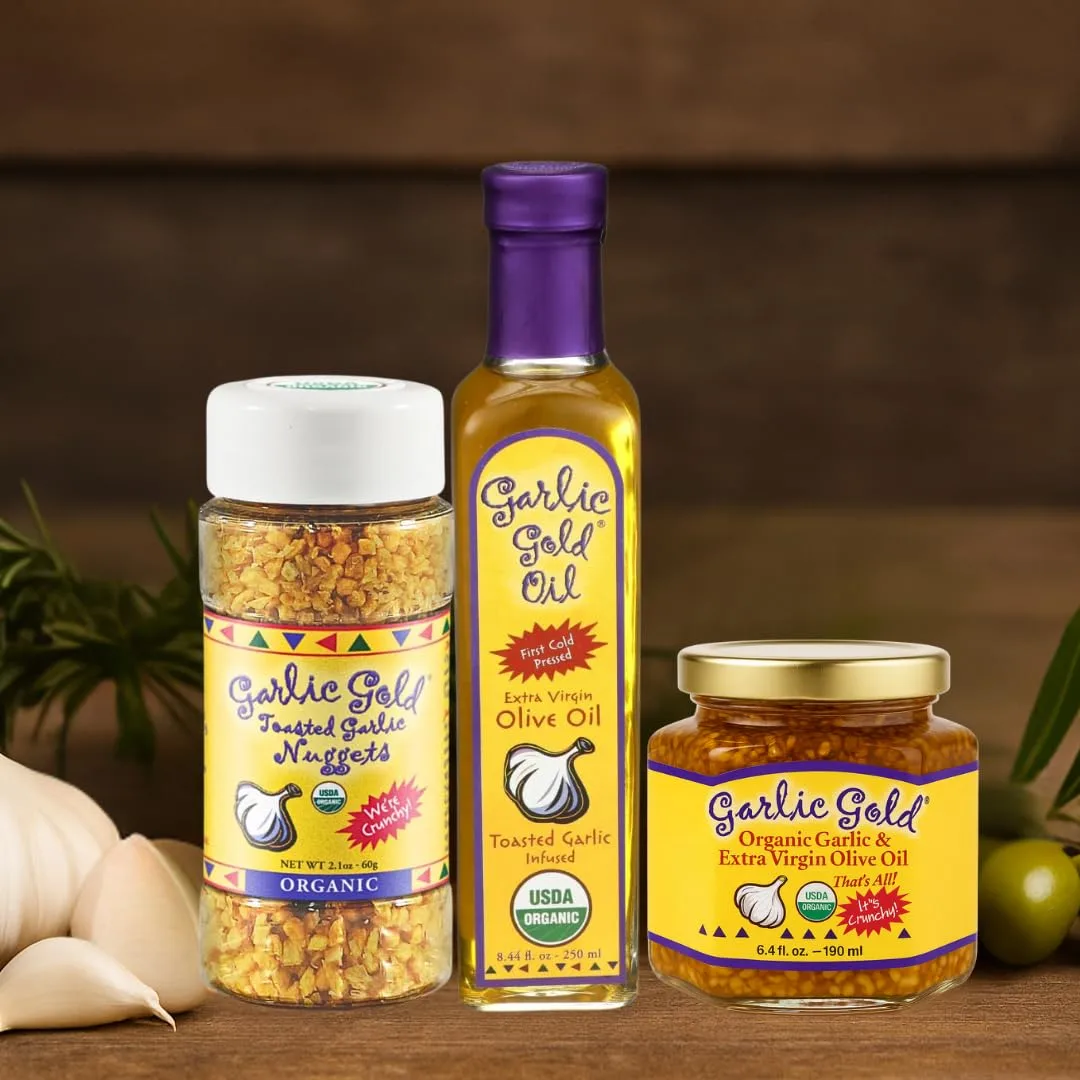 Garlic Gold Extra Virgin Olive Oil Infused with Garlic, Premium Certified USDA Organic, Low FODMAP, Cold Pressed (8.44 Fl Oz)