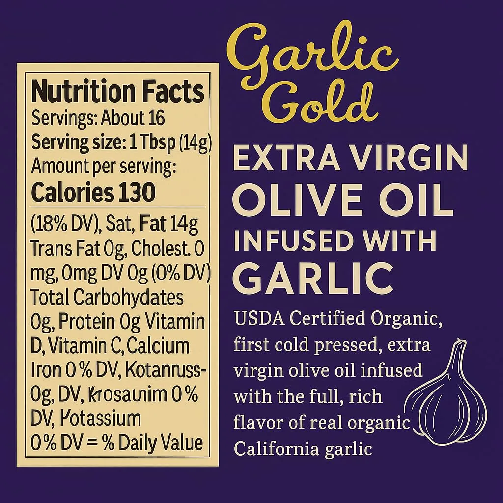 Garlic Gold Extra Virgin Olive Oil Infused with Garlic, Premium Certified USDA Organic, Low FODMAP, Cold Pressed (8.44 Fl Oz)