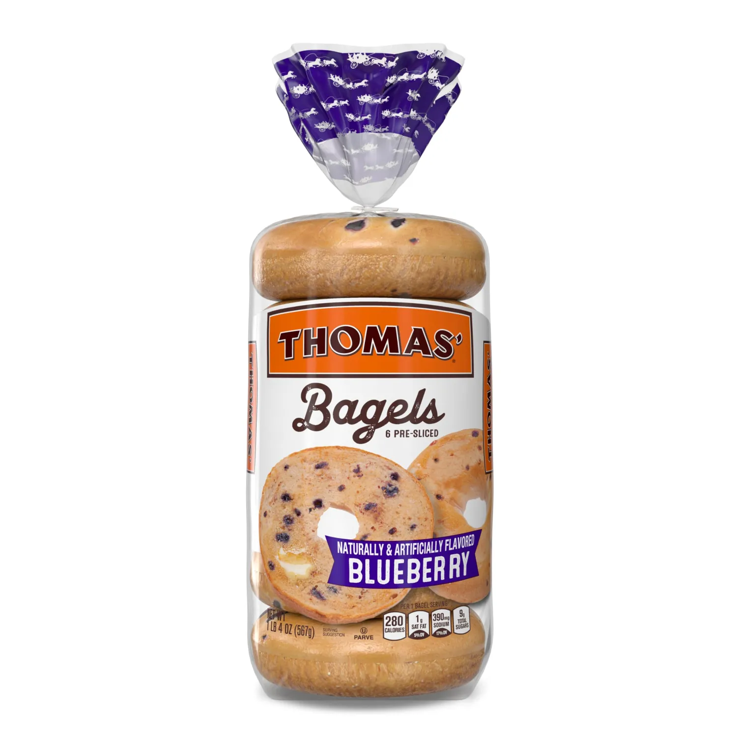 Thomas’ Blueberry Bagels, 6 Pre Sliced Bagels with No High Fructose Corn Syrup, 20 Oz Bag
