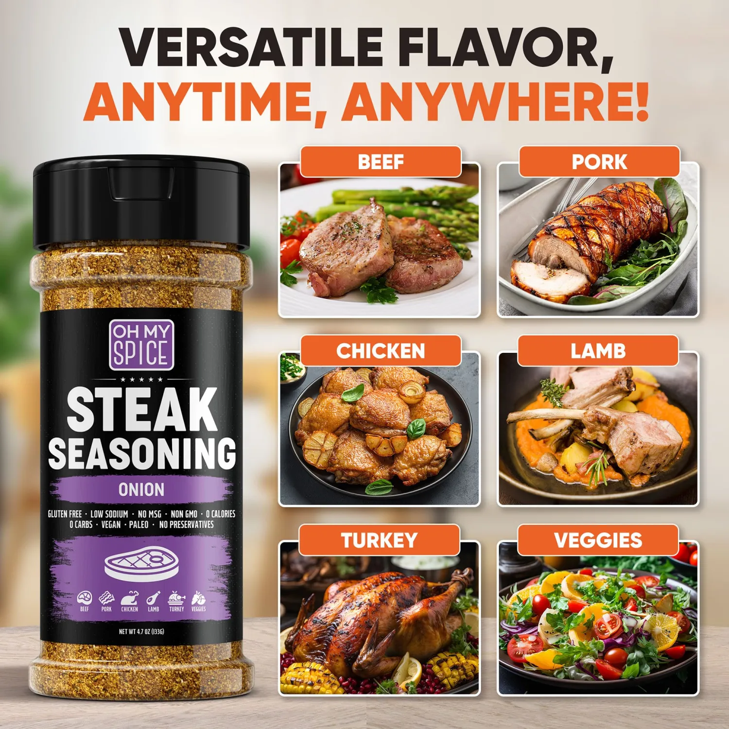 Steak Seasoning Onion Powder Seasoning Mix - Gluten Free & Low Sodium Meat Seasonings for Beef, Ribeye, Tomahawk & New York Strip. Steaks Seasonings for Grilling. Steak Rub. Steaks Salt Blend. 4.7oz