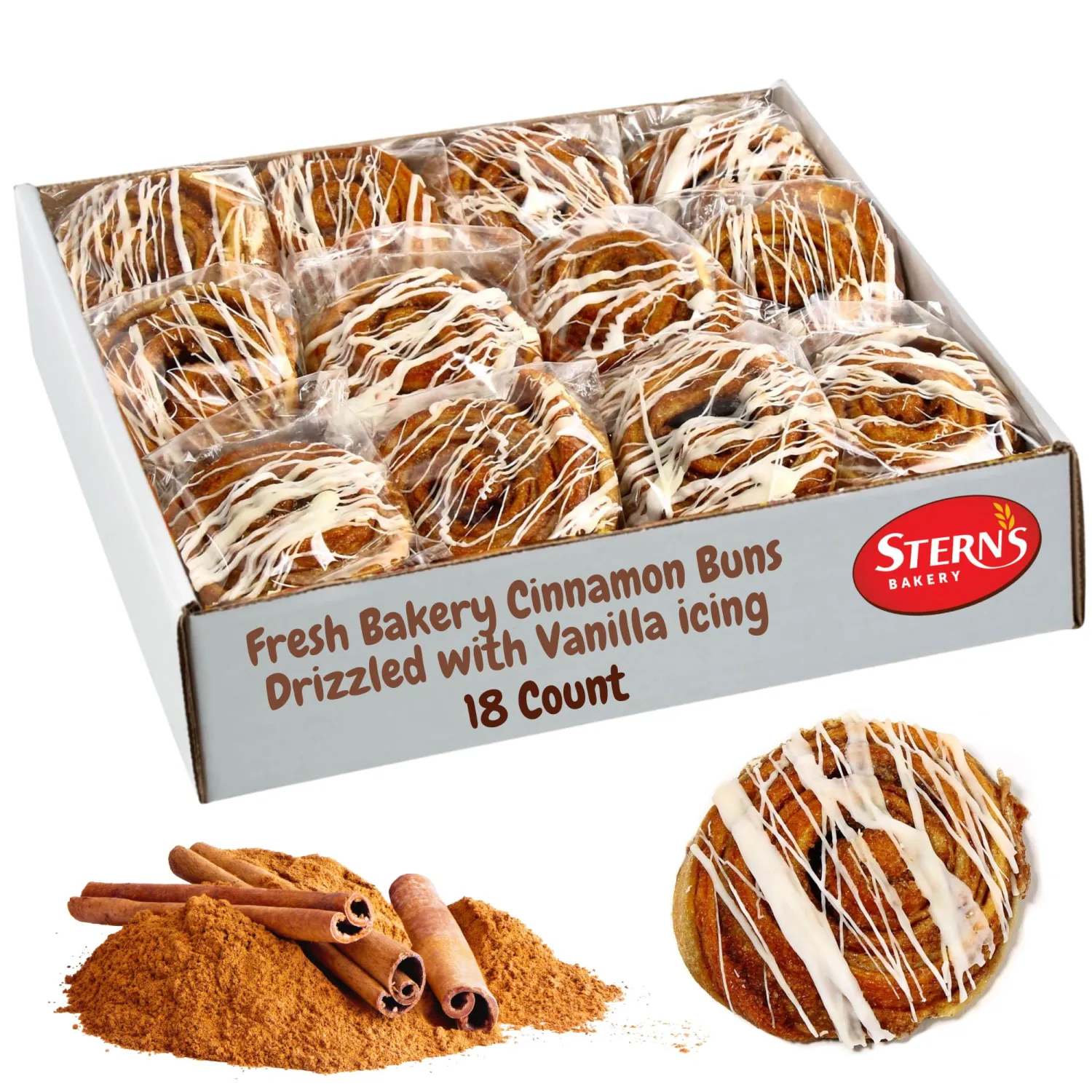 Cinnamon Rolls with White Icing | 18 Individually Wrapped Pastries | Kosher, Dairy Free & Nut Free | Perfect for Breakfast, Coffee Breaks & Parties, Stern’s Bakery