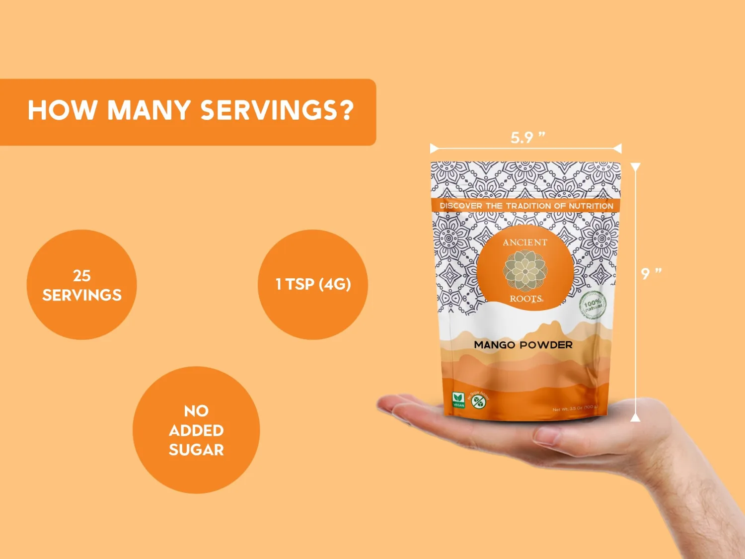 Ancient Roots Mango Fruit Powder - All-Natural Fruit Powder, Filled with Antioxidants, No Sugar Added, Indian Mango, Tropical Smoothie Mix - 3.5 ounces (25 Servings)