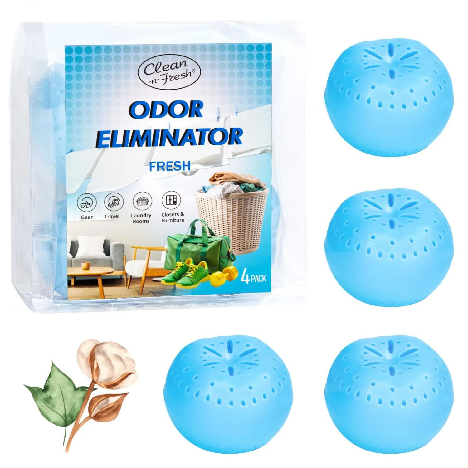 4 Pack Baking Soda Deodorizers, Fresh Scent Shoe Deodorizer Balls, Air Freshener for Home, Odor Eliminator for Closets Bathroom Pets, Up to 80 Days