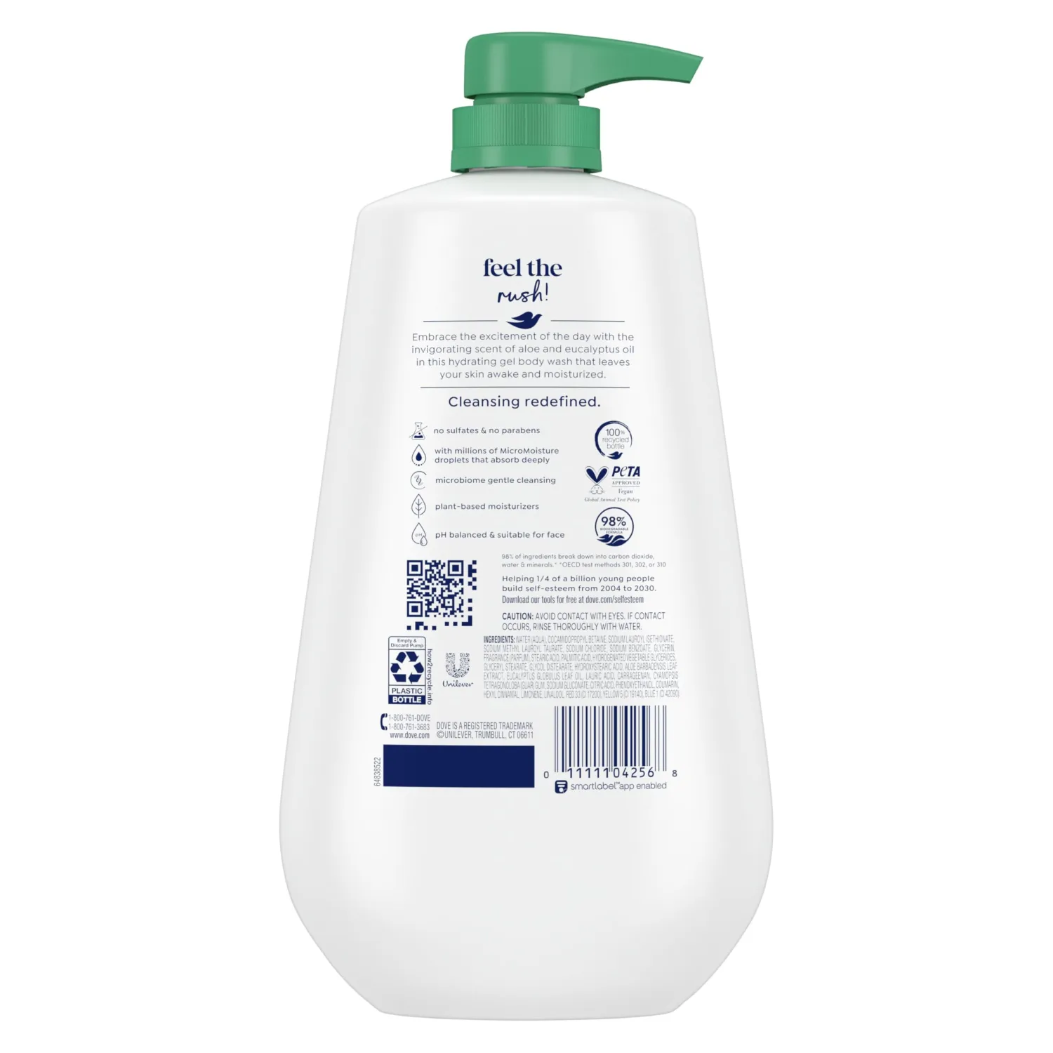 Dove Body Wash with Pump Invigorate Aloe & Eucalyptus For 24hr Lotion-Soft Skin Moisturizing Skin Cleanser with No Sulfates No Parabens 30.6 Oz