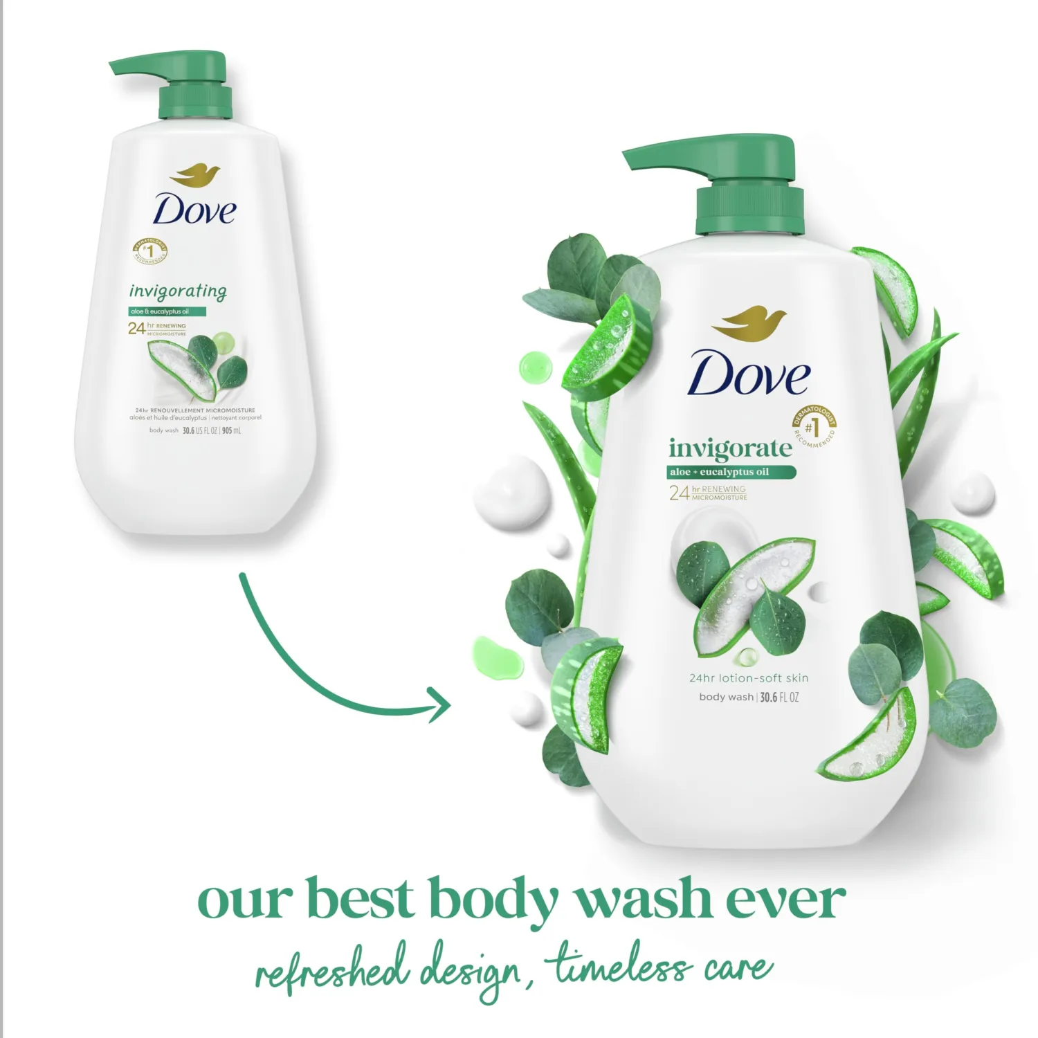 Dove Body Wash with Pump Invigorate Aloe & Eucalyptus For 24hr Lotion-Soft Skin Moisturizing Skin Cleanser with No Sulfates No Parabens 30.6 Oz