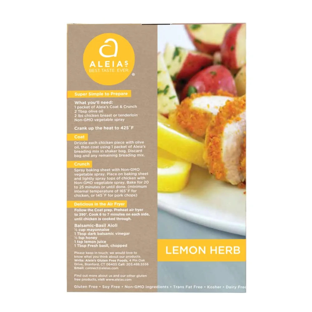 ALEIA'S BEST. TASTE. EVER. Lemon Herb Coat & Crunch - 4.5 oz / 1 Pack - Crispy Breading for Poultry, Seafood, Vegetables - Certified Gluten Free, Non-GMO, Dairy Free, Low Sodium, Kosher, Easy to Prepare