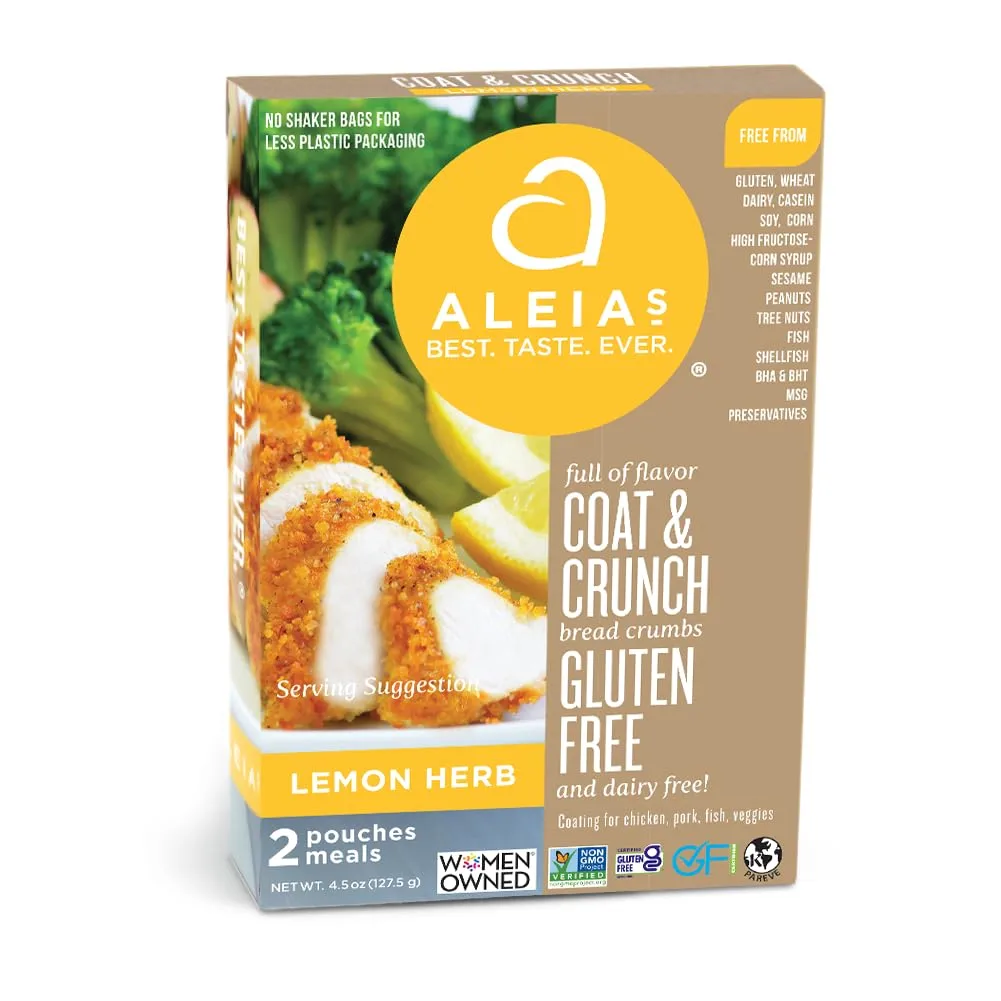 ALEIA'S BEST. TASTE. EVER. Lemon Herb Coat & Crunch - 4.5 oz / 1 Pack - Crispy Breading for Poultry, Seafood, Vegetables - Certified Gluten Free, Non-GMO, Dairy Free, Low Sodium, Kosher, Easy to Prepare