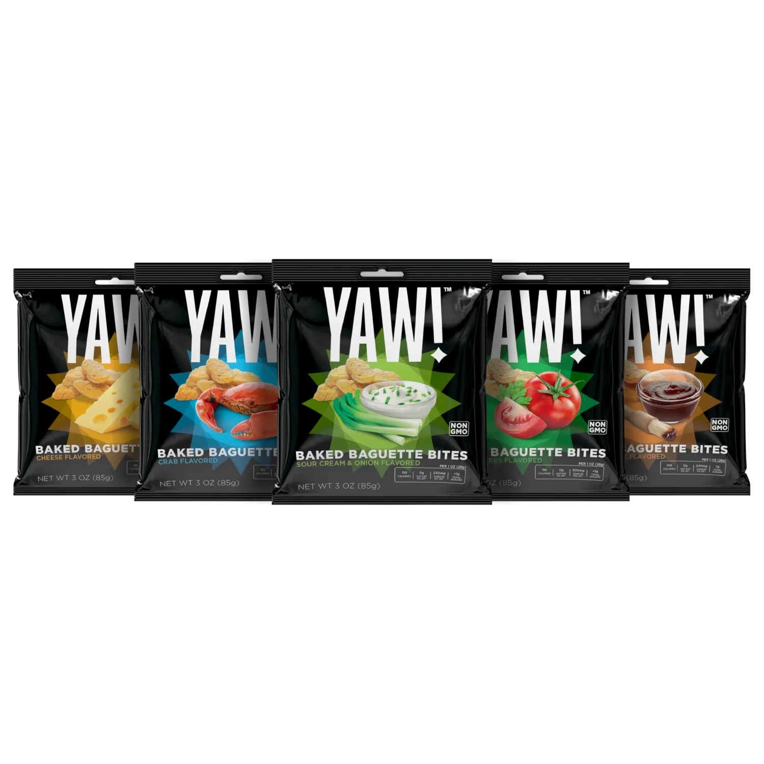 YAW! Baked Baguette Bites, Veriety Pack 5 Pack, Non-GMO Ingredients, Crunchy Snack 5 Pack (15oz, Veriety Pack)
