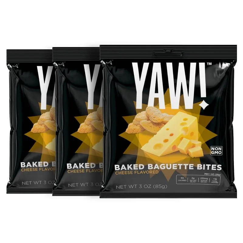 YAW! Baked Baguette Bites, Cheese Flavored, Non-GMO Ingredients, Crunchy Snack 3 Pack (9oz, cheese)