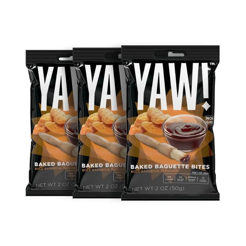 YAW! Baked Baguette Bites, Bold BBQ Flavor, Non-GMO Ingredients, Crunchy Snack 3 Pack (6oz, Barbecue)