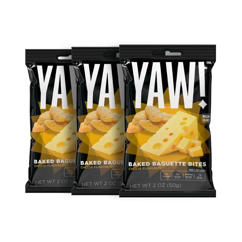 YAW! Baked Baguette Bites, Cheese Flavored, Non-GMO Ingredients, Crunchy Snack 3 pack (6oz, cheese)