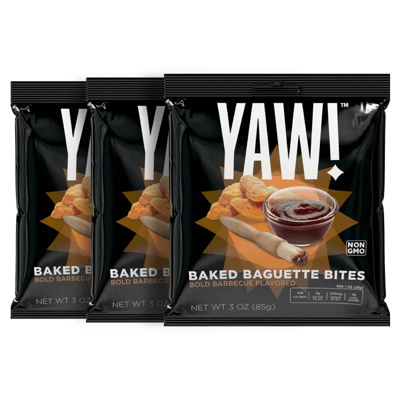 YAW! Baked Baguette Bites, Bold BBQ Flavor, Non-GMO Ingredients, Crunchy Snack 3 Pack (9oz, Barbecue)