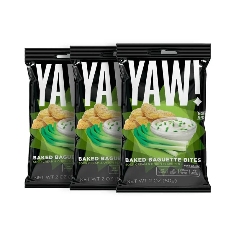 YAW! Baked Baguette Bites, Sour Cream & Onion Flavor, Non-GMO Ingredients, Crunchy Snack 3 pack (6oz, Sour-Cream-And-Onion)