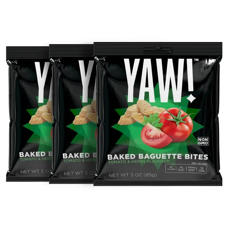 YAW! Baked Baguette Bites, Tomato and Herb Flavor, Non-GMO Ingredients, Crunchy Snack 3 Pack (9oz, Tomato and Herb)