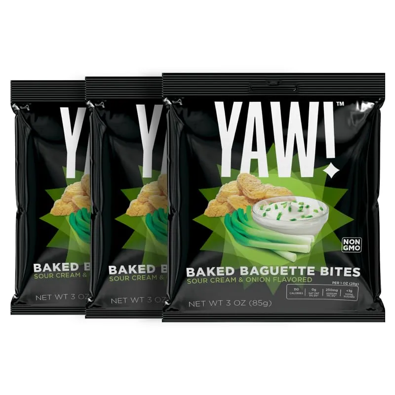 YAW! Baked Baguette Bites, Sour Cream & Onion Flavor, Non-GMO Ingredients, Crunchy Snack 3 Pack (9oz, Sour-Cream-And-Onion)