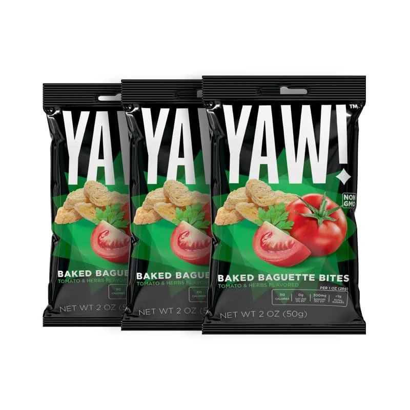 YAW! Baked Baguette Bites, Tomato and Herb Flavor, Non-GMO Ingredients, Crunchy Snack 3 Pack (6oz, tomato and herb)