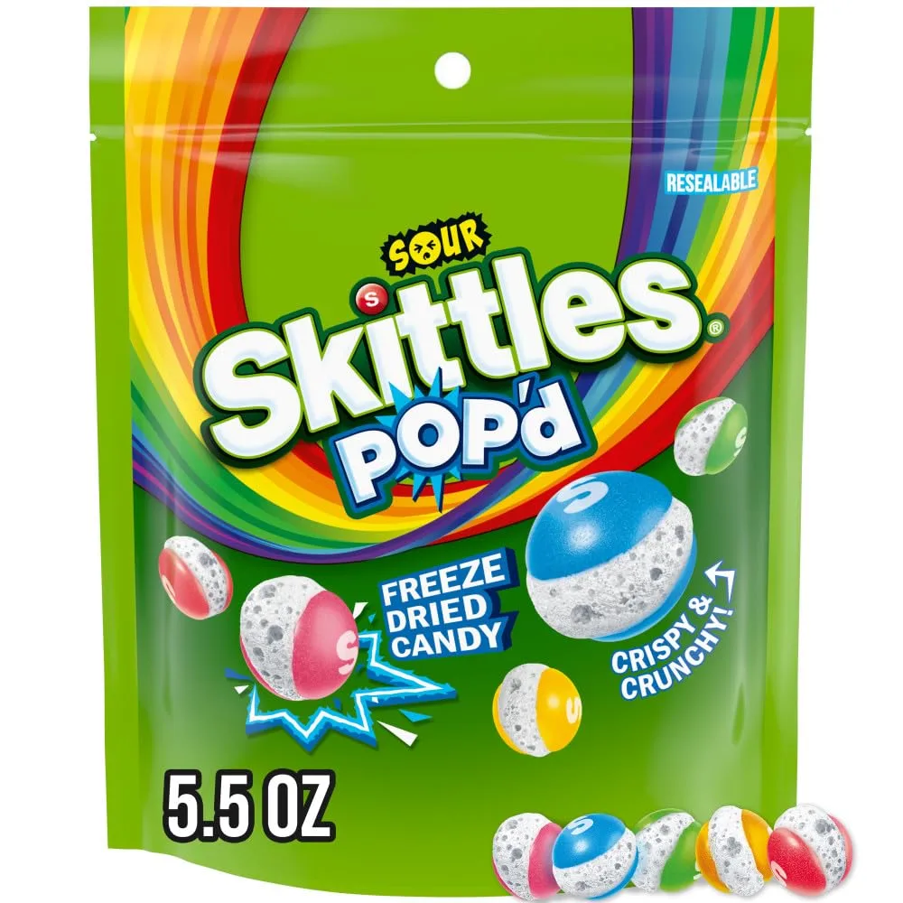 SKITTLES POP'd Sour Freeze Dried Candy, 5.5 Oz Resealable Candy Bag
